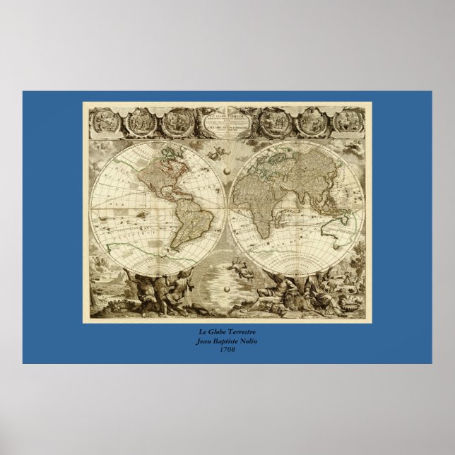 Póster Mapa Mundial de 1708 de Jean Baptiste Nolin (Frente)