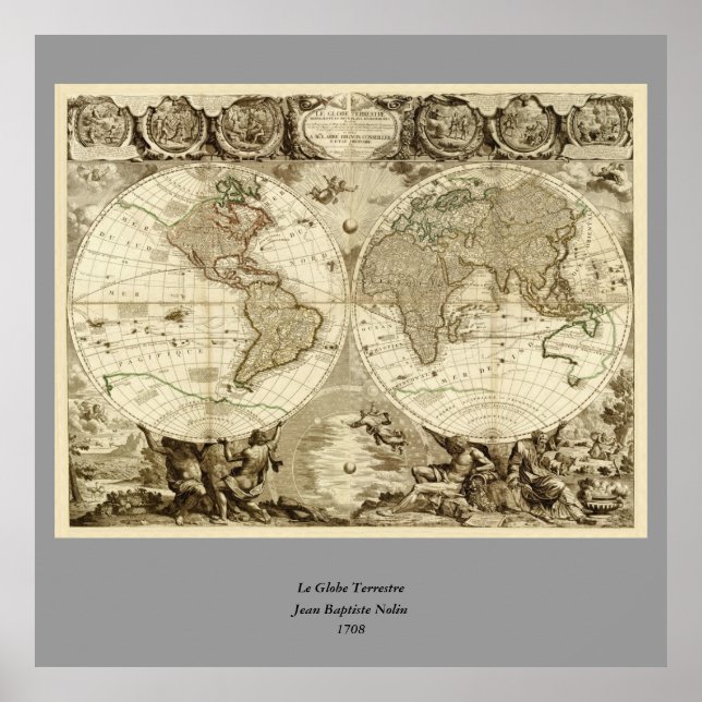 Póster Mapa Mundial de 1708 de Jean Baptiste Nolin (Frente)