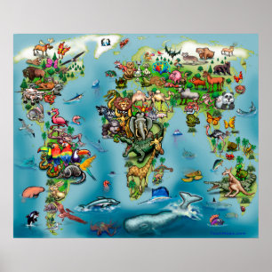 Póster Mapa mundial de animales