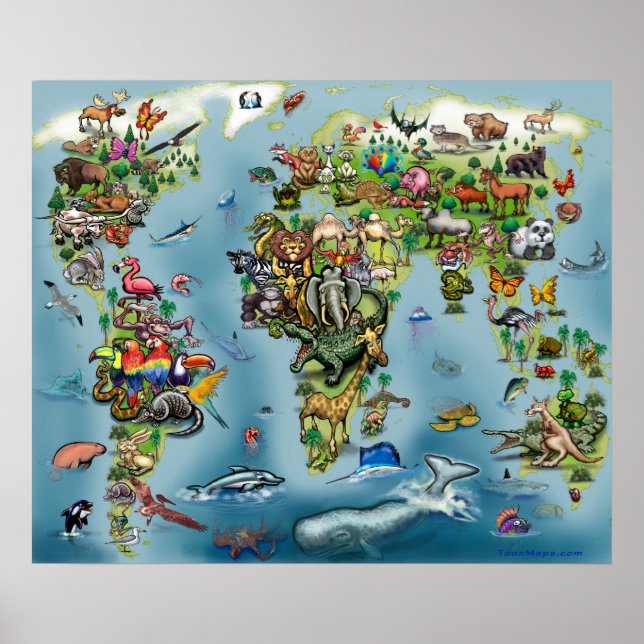 Póster Mapa mundial de animales (Frente)