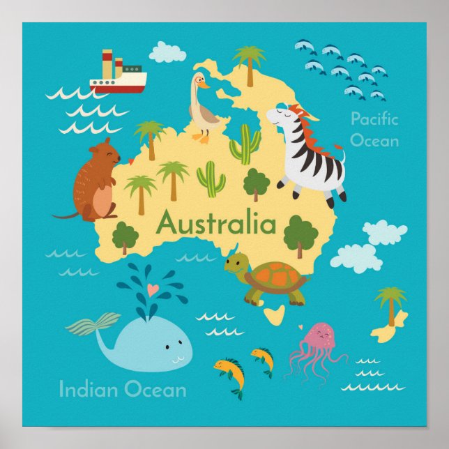 Póster Mapa mundial de animales de Australia para niños (Frente)