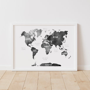 Póster Mapa Mundial de Continentes y Océanos en Acuarela 