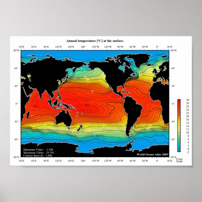 Póster Mapa mundial de la temperatura de los océanos, det (Frente)