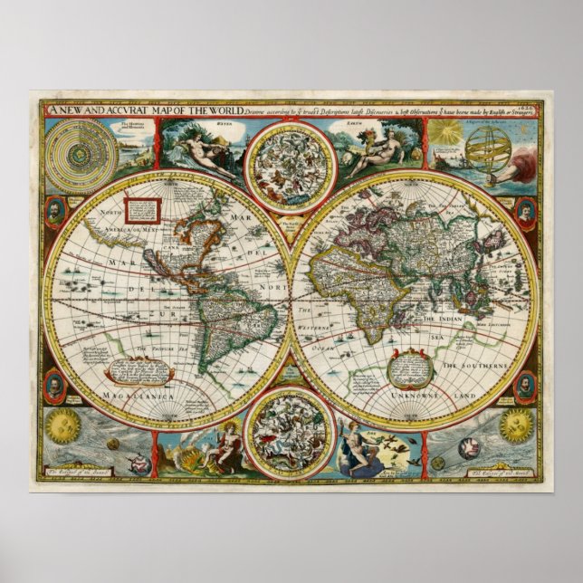 Póster Mapa Mundial de la Vintage de 1627 (Frente)