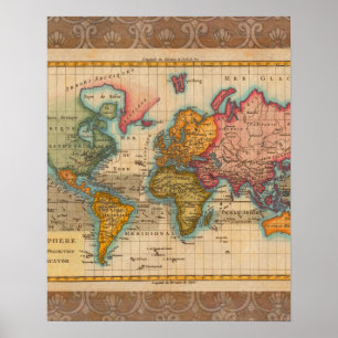 Póster Mapa mundial de los antiguos continentes de los añ
