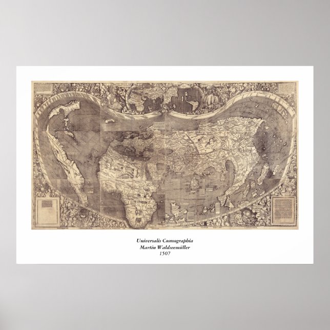 Póster Mapa mundial de Martin Waldseemuller de 1507 (Frente)