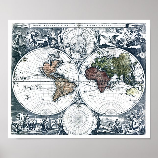 Póster Mapa mundial de Nicolao Visscher 1658 (Frente)