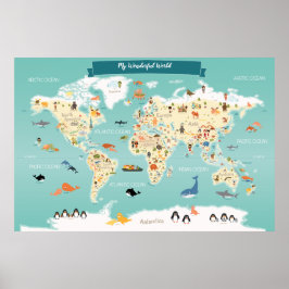 Póster Mapa mundial de niños con animales y monumentos