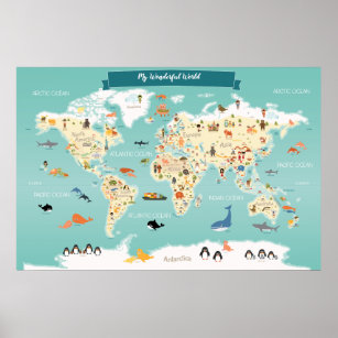 Póster Mapa mundial de niños con animales y monumentos
