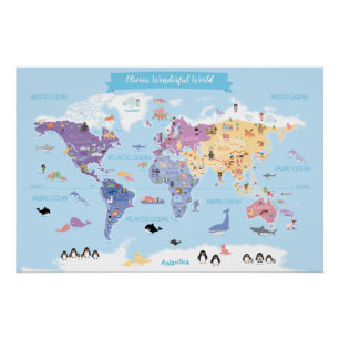 Póster Mapa mundial de niños dulces y encantadores