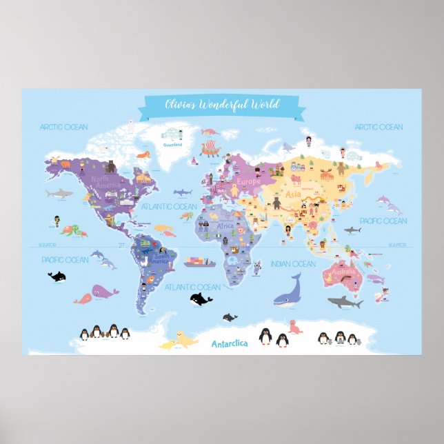 Póster Mapa mundial de niños dulces y encantadores con Il (Frente)
