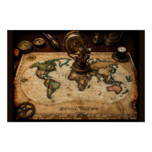 Póster Mapa mundial de Steampunk Olde