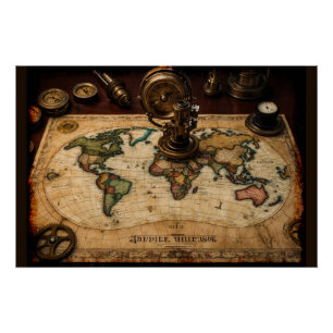 Póster Mapa mundial de Steampunk Olde