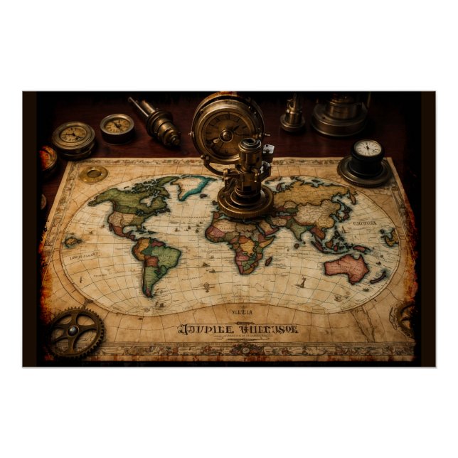 Póster Mapa mundial de Steampunk Olde (Anverso)