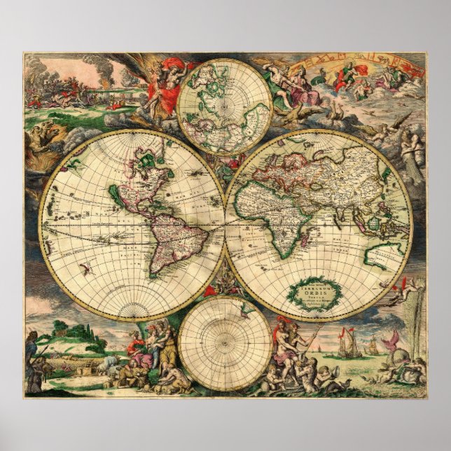Póster mapa mundial de van Schagen 1680 (Frente)