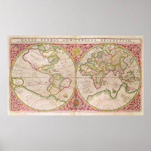 Póster Mapa Mundial del Hemisferio Doble, 1587