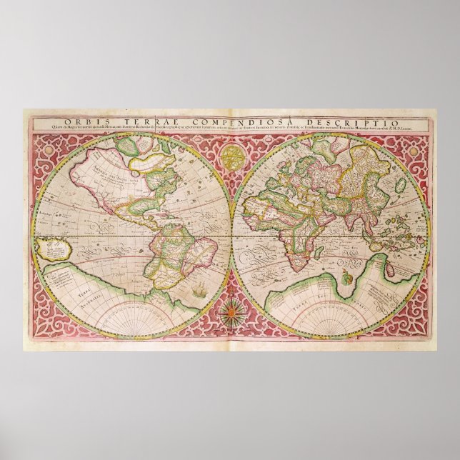 Póster Mapa Mundial del Hemisferio Doble, 1587 (Frente)