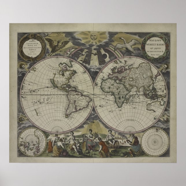 Póster Mapa Mundial del Hemisferio Doble | 1672 (Frente)