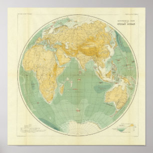 Póster Mapa Mundial del Océano Índico, Europa, Asia y Áfr