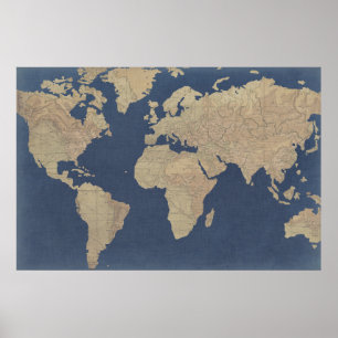 Póster Mapa mundial del oro y el azul