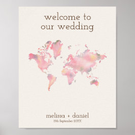Póster Mapa mundial en tonos rosados para la boda de dest