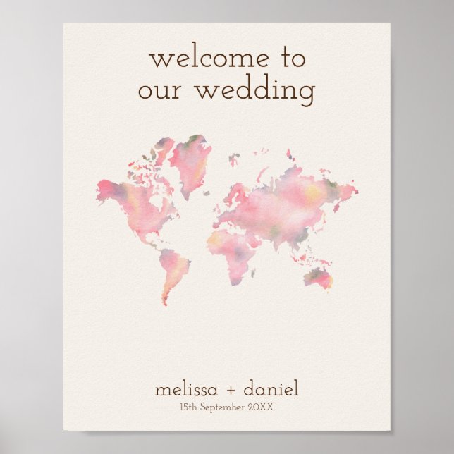 Póster Mapa mundial en tonos rosados para la boda de dest (Frente)