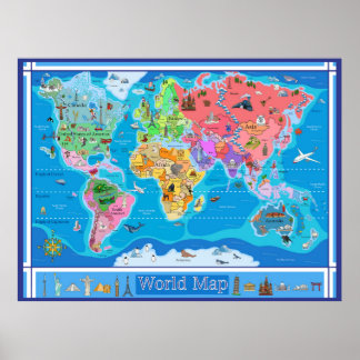 Póster Mapa mundial ilustrado para niños grandes - 42 x 3