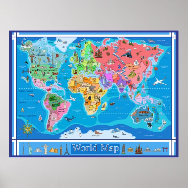 Póster Mapa mundial ilustrado para niños grandes - 42 x 3 (Frente)