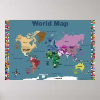 Póster Mapa Mundial para Niños - Azul con Banderas