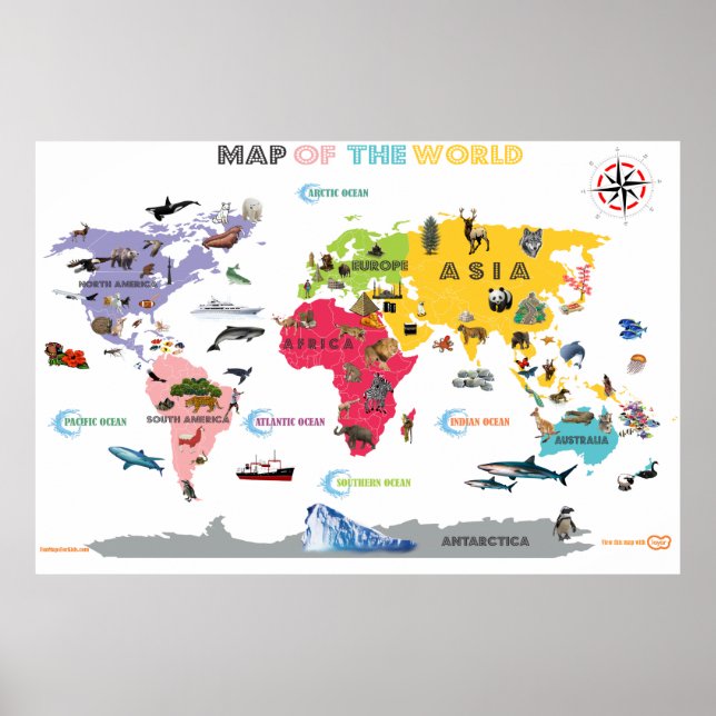 Póster Mapa Mundial para Niños - Interactivo Blanco y Bri (Frente)