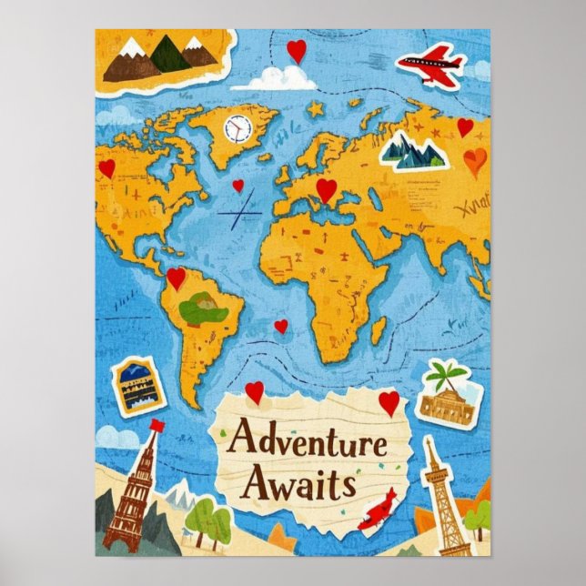 Póster Mapa Mundial Pins de Corazón Aventura Espera (Frente)