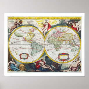 Póster Mapa Mundial, principios del siglo XVIII (grabado 