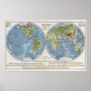 Póster Mapa mundial que muestra las alturas de la profund