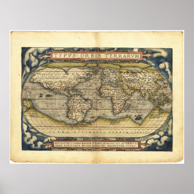 Póster Mapa mundial Typus Orbis Terrarum por Abraham Orte (Frente)