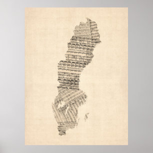 Póster Mapa musical de hojas antiguas de Suecia