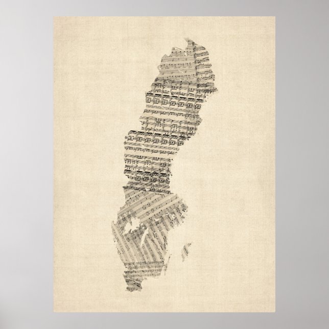 Póster Mapa musical de hojas antiguas de Suecia (Frente)