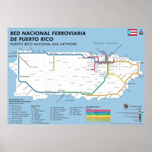 Póster Mapa nacional del trén de Puerto Rico / Mapa nacio (Frente)