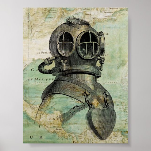 Póster Mapa Náutico Antiguo con Poster del Casco de Buceo (Frente)