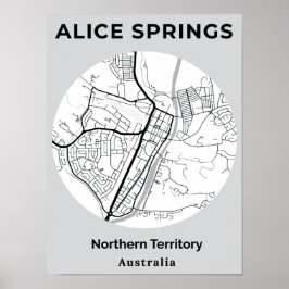 Póster Mapa negro blanco moderno de Alice Springs en mini