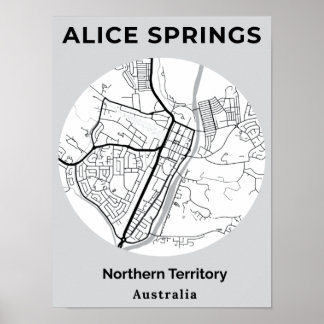 Póster Mapa negro blanco moderno de Alice Springs en mini