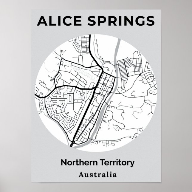 Póster Mapa negro blanco moderno de Alice Springs en mini (Frente)