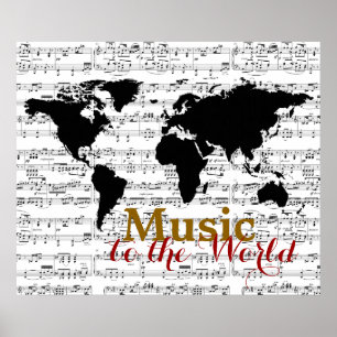 Póster mapa negro con notas musicales