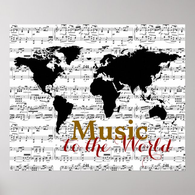 Póster mapa negro con notas musicales (Frente)