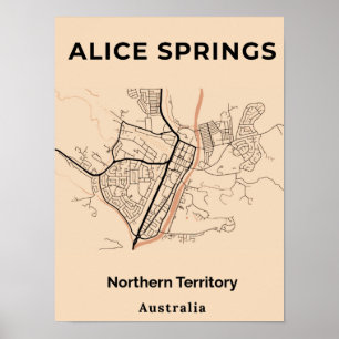 Póster Mapa negro Naranja de Alice Springs minimalista