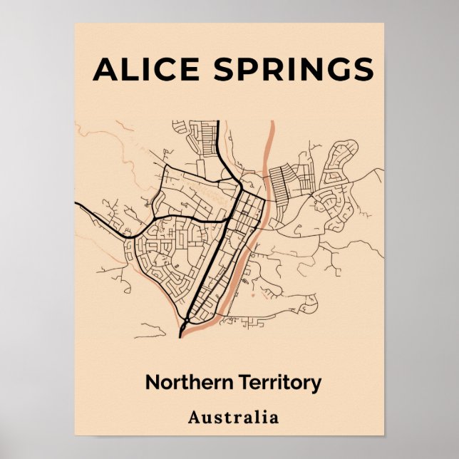 Póster Mapa negro Naranja de Alice Springs minimalista (Frente)