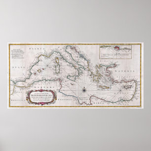 Póster Mapa o gráfico del mar Mediterráneo de 1745
