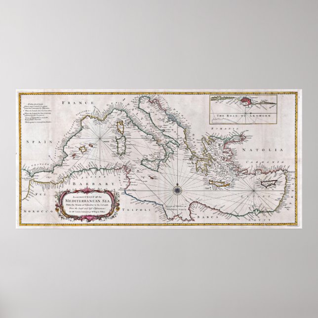 Póster Mapa o gráfico del mar Mediterráneo de 1745 (Frente)