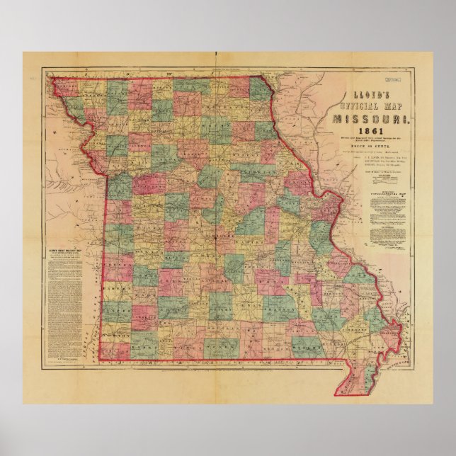 Póster Mapa oficial de Misuri de Lloyd (1861) (Frente)