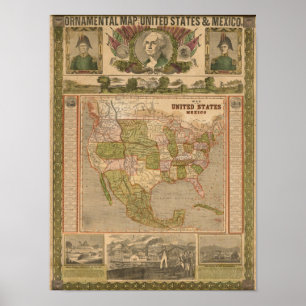 Póster Mapa ornamental de los Estados Unidos y del México