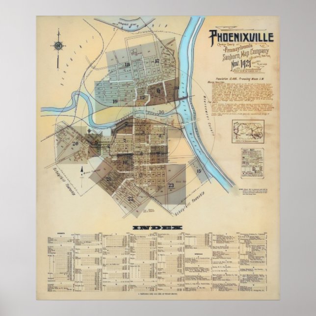 Póster Mapa PA de la ciudad de Phoenixville 1921 (Frente)